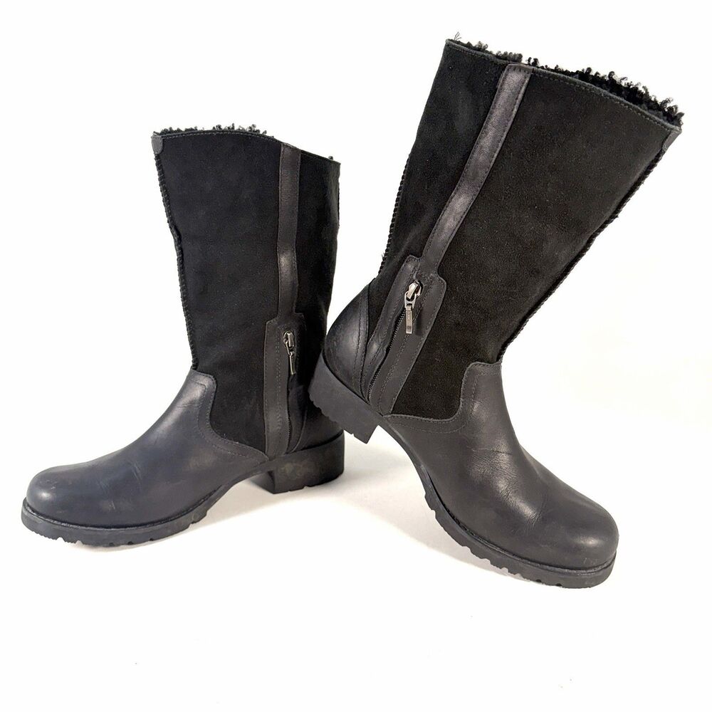 UGG Australia Bellevue Shearling Fold Over Moto Black Leather Boots Sz 10 U.S.